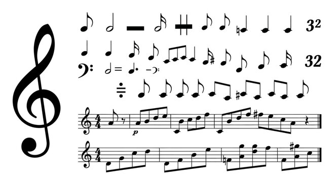Musical notation symbols and sheet music demonstrating melody and rhythm