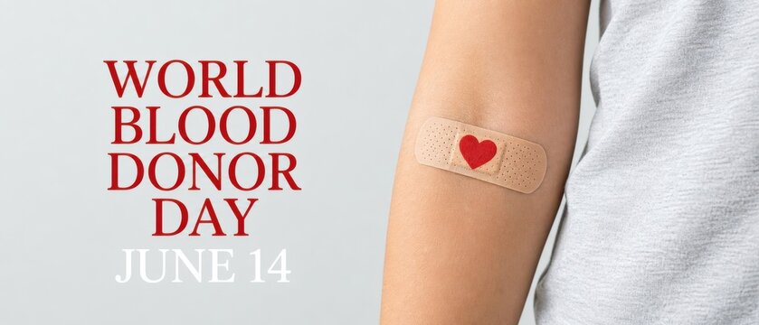 World Blood Donor Day 2026 June 14 awareness poster with human arm, adhesive bandage and red heart symbol after blood donation on light gray background. Posters, greeting cards
