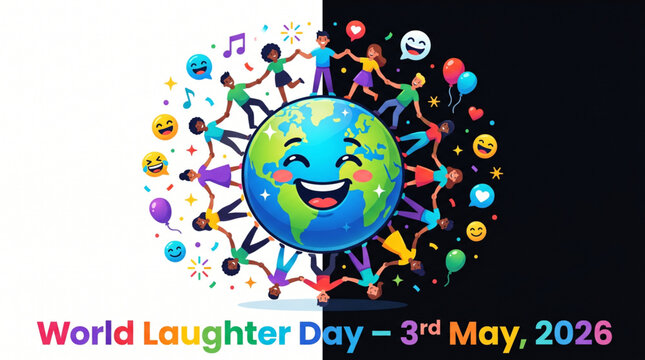 World Laughter Day joyful happiness celebration with smiling earth children and colorful fun party banner concept