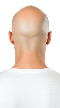 A bald man stands with his back to the camera against a crisp white background, showcasing a minimalist composition