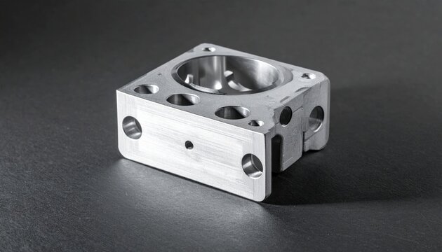 Precision engineered titanium mounting bracket with circular perforations and beveled edges, isolated on a dark professional texture, suitable for advanced mechanical and industrial applications.