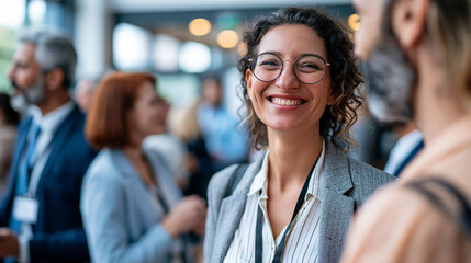 Fototapeta premium Diverse group of business professionals at a daytime networking conference, standing in clusters and engaged in relaxed but professional conversation, smiling and exchanging ideas,