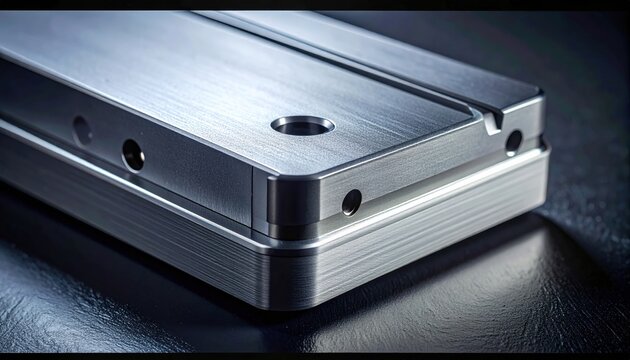 Precision machined titanium housing with rounded corners and countersunk holes, featuring a brushed metallic texture in a sleek widescreen composition ideal for industrial engineering design projects.