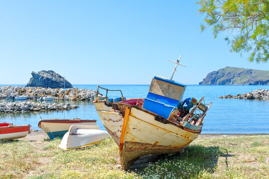 Old Weathered Fishing Boats on the Beach in Skala Eressos, Greece