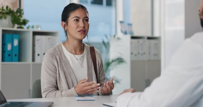 Sore throat, woman and consulting doctor for medical history, viral infection and help in clinic. Healthcare, professional or patient with hospital checkup for flu symptoms, tonsillitis or diagnosis