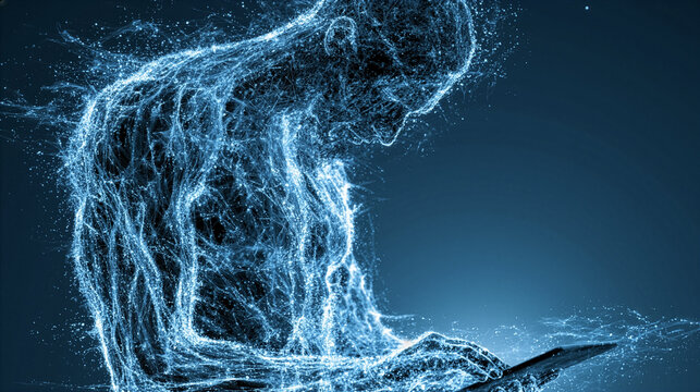 デジタルパーティクルで構成された男性技術者の身体