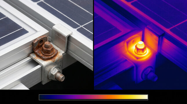 Corroded grounding lug on solar frame with thermal hotspot split screen diagnostic on black background