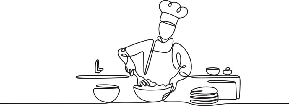 One continuous drawing line pastry chef cooks cake in the kitchen.one line Art icon drawing vector