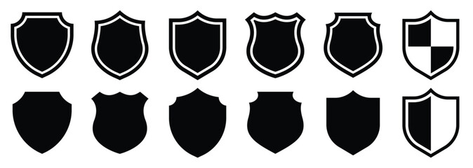Shield badge icon set in solid and outline styles. Heraldic protection symbols for security, defense, emblem, logo, armor, medieval crest, insurance, privacy, and military design.