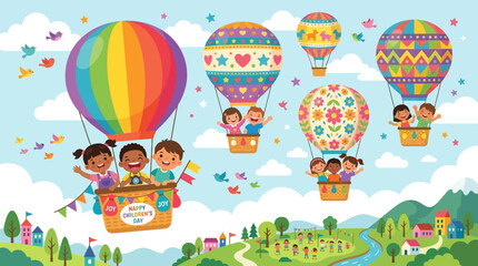 Obraz premium Children Flying Hot Air Balloons Over Green Landscape