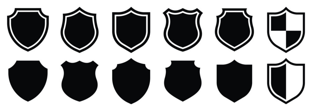 Shield badge icon set in solid and outline styles. Heraldic protection symbols for security, defense, emblem, logo, armor, medieval crest, insurance, privacy, and military design.