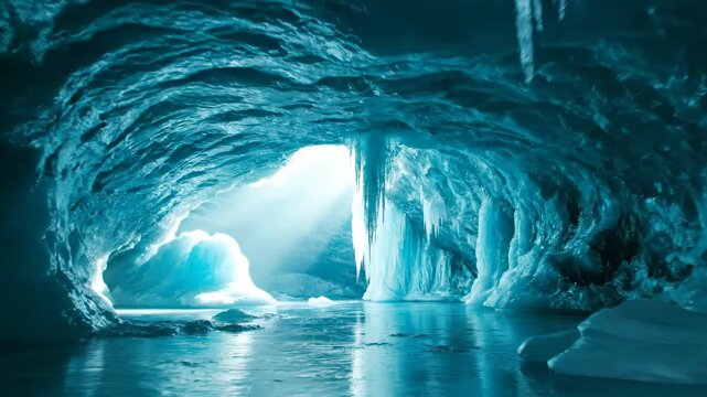 Interior view of a deep blue glacial ice cave featuring long sharp icicles hanging from the ceiling and bright natural light glowing through translucent turquoise walls and cavern openings.