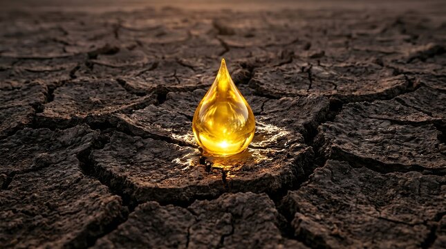 A radiant golden drop of liquid gold rests atop a vast expanse of parched and cracked earth, serving as a powerful metaphor for the preciousness of resources in a barren, dying world.