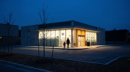 Naklejka premium Twilight blue hour over an urban food desert neighborhood, a single corner store glowing against darkened vacant lots, a mother and child si