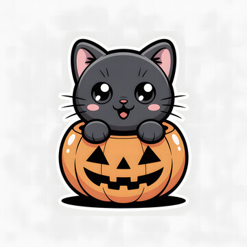 Cute cartoon black cat sitting inside a Halloween jackolantern pumpkin toy transparent background