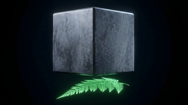 A heavy metallic cube suspended above a luminous fern leaf, a powerful metaphor for the intersection of cold industrial advancement and the vibrant, glowing essence of the natural world.