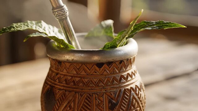 Closeup of traditional mate gourd with fresh leaves and bombilla.