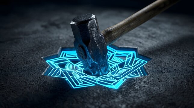 A heavy iron sledgehammer impacts a glowing neon blue geometric star embedded in dark stone, a powerful visual metaphor for smashing through barriers to unleash digital energy.