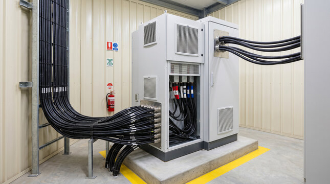 Organized DC and AC cable terminations inside solar farm string inverter cabinet station