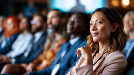 Obraz premium Diverse group of men and women in business attire seated in rows, attentively facing a stage during a professional conference presentation, expressions of focus and engagement visible,