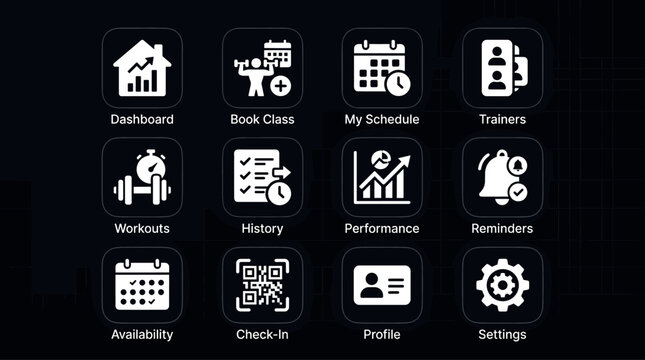 Fitness gym app dashboard interface white squircle glyph icons bundle with booking schedule workout tracking and performance analytics vector symbols