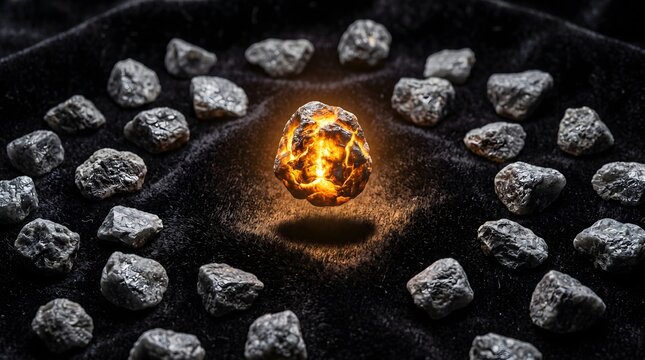 A radiant molten stone levitates with an inner fire, serving as a powerful metaphor for unique brilliance and the emergence of extraordinary potential from a sea of ordinary rocks.