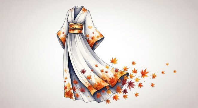 An elegant watercolor kimono dress featuring delicate autumn leaves drifting from the hem in rich shades of orange, gold, and deep red, fluid, design, orange