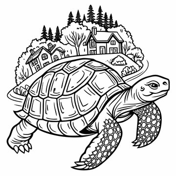 Turtle carrying a town on its back detailed line art illustration