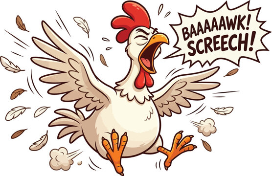 Funny screaming chicken cartoon illustration, angry hen squawking with speech bubble, frantic white bird mascot with flying feathers and comic text