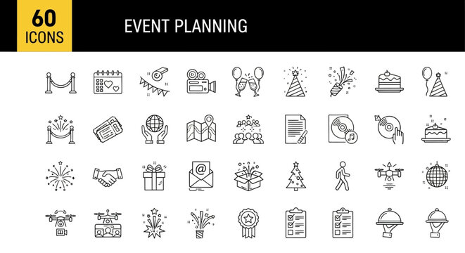 Versatile collection of 60 line icons for comprehensive event planning, party organization, celebration management, and special occasion concepts, ideal for modern digital design and web resources