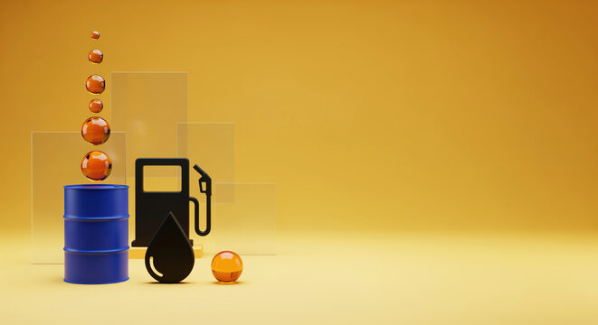 Fuel price volatility explained through oil barrel, pump nozzle and rising droplets for energy market report, refinery supply update, gasoline cost article and petroleum trading forecast