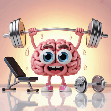 Cartoon brain lifting weights in a gym barbell dumbbells