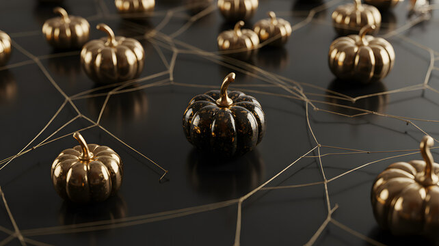 Golden pumpkins scattered on black surface with spider web pattern for Halloween decoration ideas transparent background