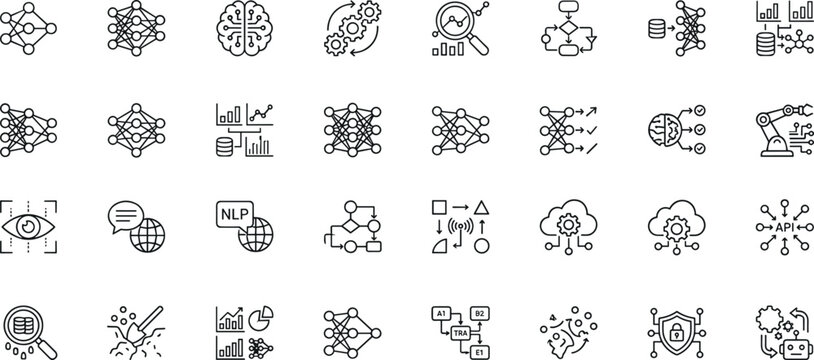  Artificial intelligence line icon set featuring neural network machine learning natural language processing computer vision and cloud data analytics,
