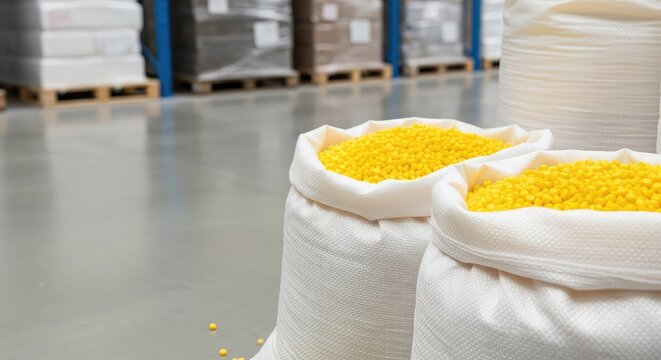 Bright yellow industrial plastic pellets in open bags inside a large warehouse with stacked pallets of raw materials in the background, stack, storage, texture
