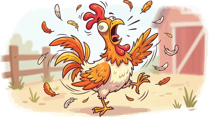 Funny cartoon rooster screaming on a farm, crazy shouting chicken with flying feathers, humorous farm animal character vector illustration © Angel Mandik