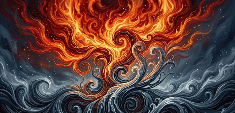 Vibrant stylized illustration of blazing orange and red fire waves swirling together with dark smoky grey clouds