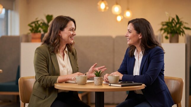 Two Professional Women Having Coffee Meeting in Modern Office Lounge