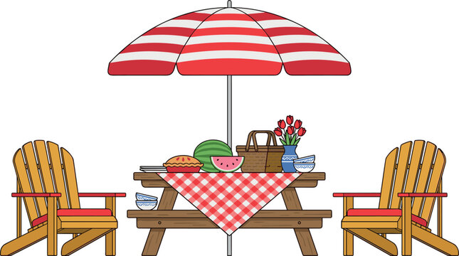 Summer picnic setup illustration with striped umbrella, wooden chairs, fresh fruits, and outdoor leisure dining concept