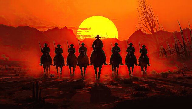 Silhouette of seven cowboys riding horses in a desert landscape against a vibrant orange and yellow sunset