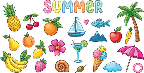 Obraz premium Cute summer doodle collection with tropical fruits, beach elements, colorful icons, and playful seasonal illustrations