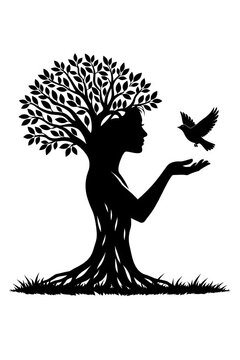 Silhouette of human-tree hybrid figure with trunk and roots forming body, branches as hair, hand extended toward bird