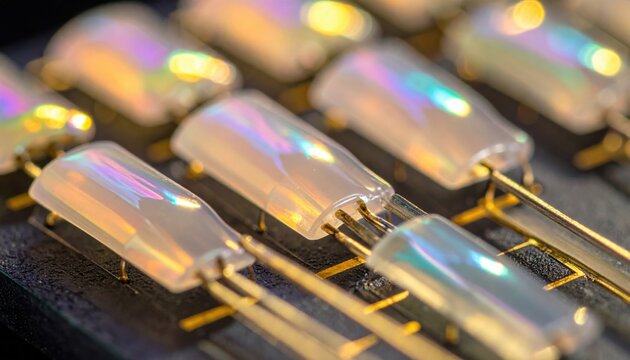 Macro view of translucent resin coated capacitors arranged in a precise golden wire grid pattern on a dark circuit board, representing advanced microelectronic manufacturing and industrial design.