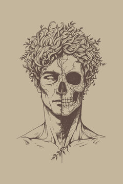 Half Human Half Skull Face Split Concept Illustration