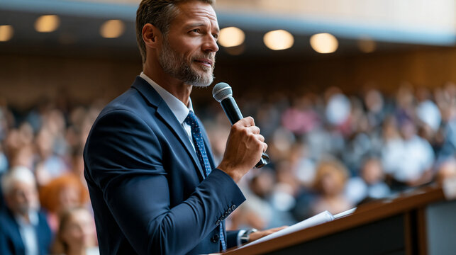 Confident professional speaker standing at a podium and delivering a compelling talk to a large seated audience at a major business or public speaking event, energy of authority and