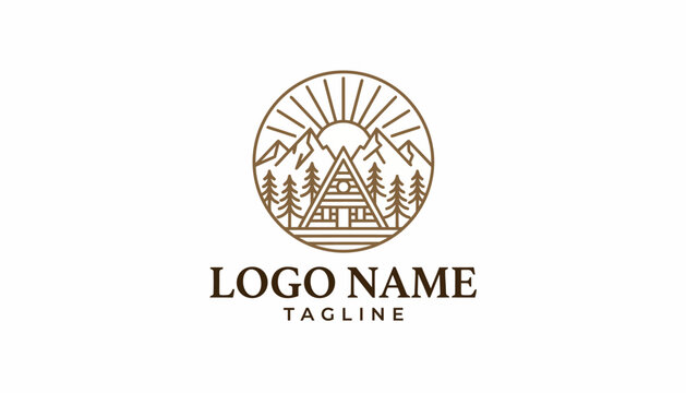 Logo design with a tent and trees.