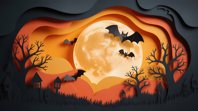 Halloween scene with bats flying around a full moon in a paper cutout landscape transparent background