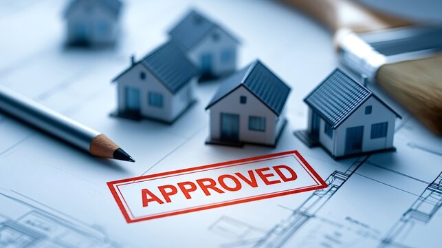 Miniature houses on a blueprint document featuring an approved stamp, a pencil, and a paintbrush, illustrating concepts of real estate, home ownership, and property development success