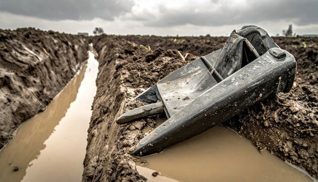 Rugged foldable entrenching shovel resting on the muddy bank of a drainage trench, demonstrating durability in challenging outdoor fieldwork environments, captured in a widescreen cinematic frame.