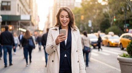 Fototapeta premium Happy businesswoman using smartphone on city street
